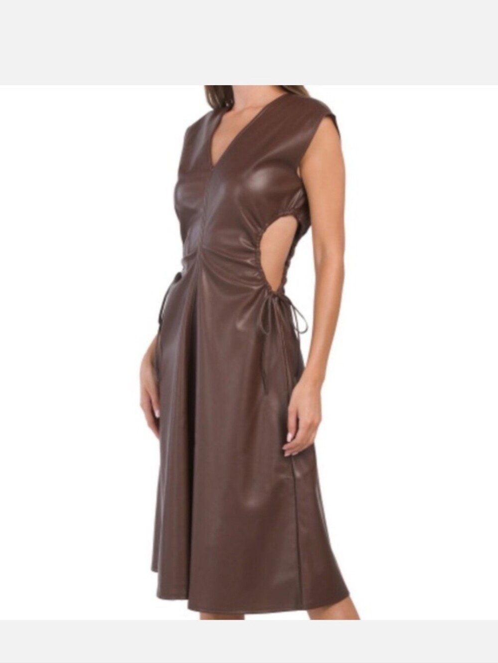 7 For All Mankind Brown Faux Leather Midi Dress with Side Cutout Ties